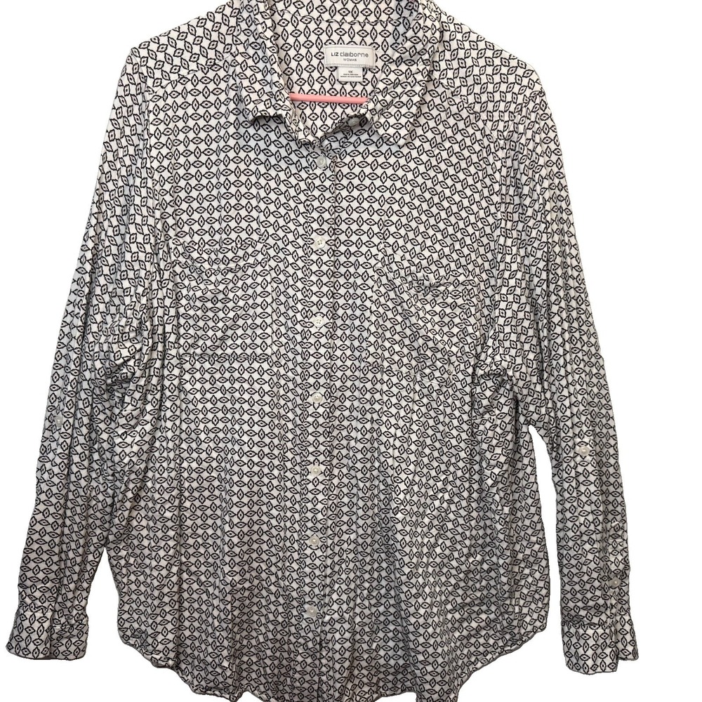 Liz Claiborne Button Up Women's Plus 1X White Geometric Long Sleeve Blouse
